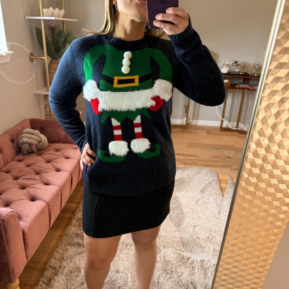 Forever 21 Sweaters - Forever 21 Ugly Christmas Sweater Elf Crewneck Green‎ Black Holiday S